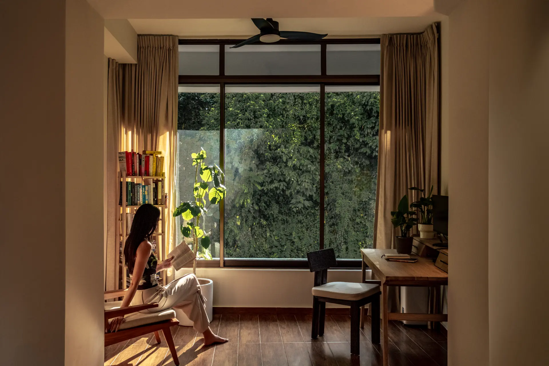 Sunlit reading corner overlooking greenery
